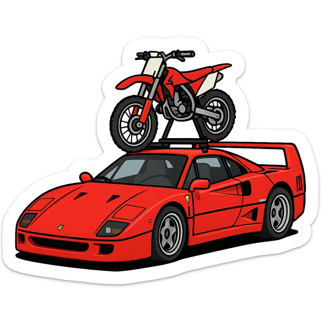 A cartoonish Ferrari F40 with a 125cc dirt bike on a visible roof rack, dirt bike to proper scale, transparent background sticker