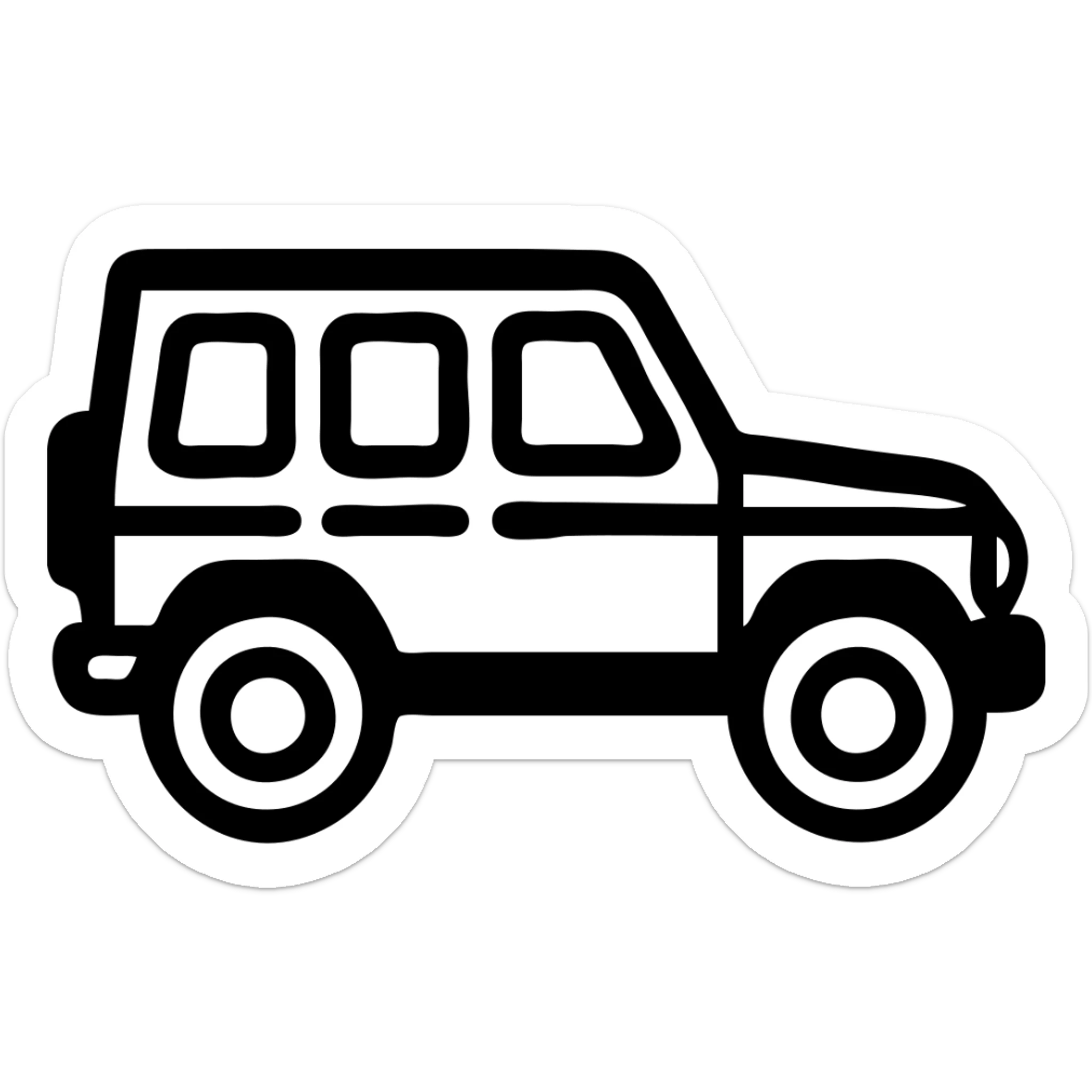 Make this Mercedes G-Class emoji much simpler and more cartoonish in the style of the green car emoji reference. Use bold black outlines, basic shapes, minimal details, flat colors, rounded windows, and a side view. The car body should be black color. sticker