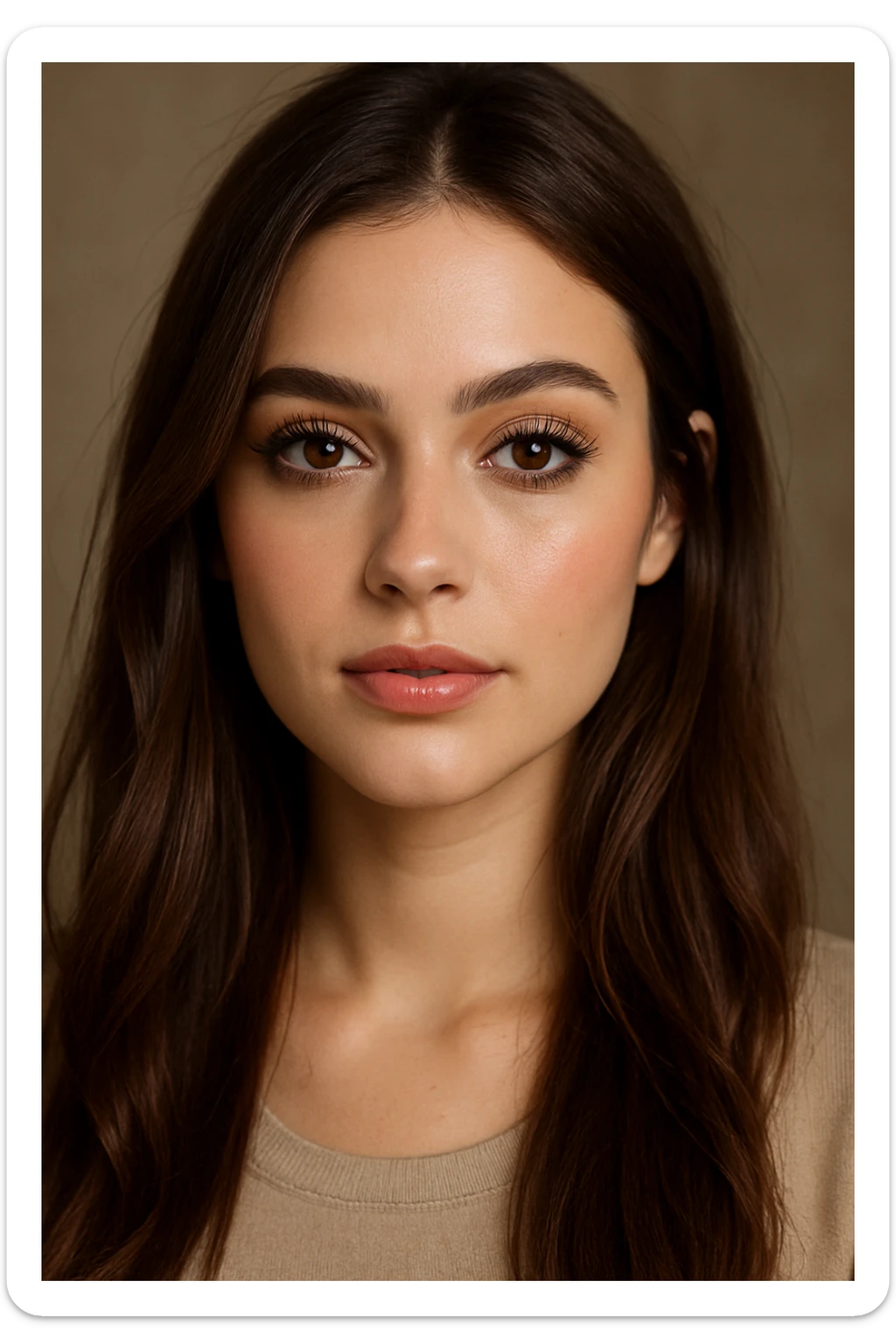 portrait of a pretty girl with long brown hair, brown eyes, full lashes, nude lip liner, highlighter, blush, lip gloss, natural makeup look sticker