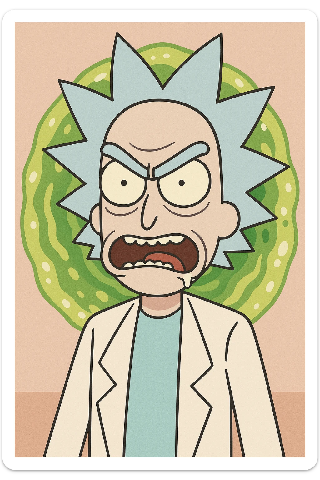 Rick Sanchez from Rick and Morty, angry face, portal background, cartoon style sticker