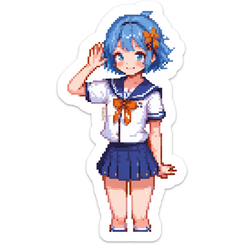 Pixel art anime girl with short bright blue hair wearing Japanese sailor style school uniform, composed posture with hand on hip but shyly waving with other hand, blushing face and timid smile, very shy expression sticker