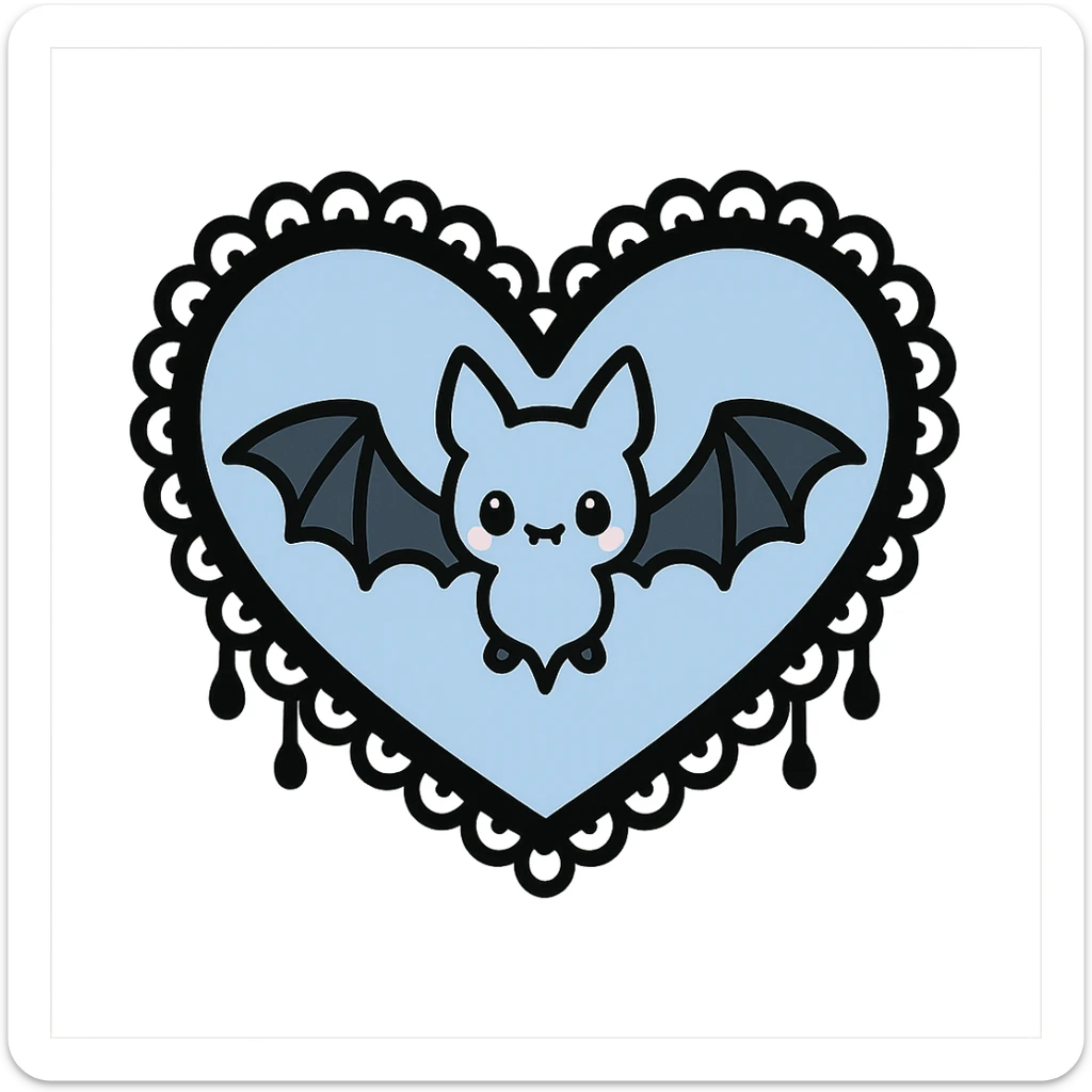 pastel goth heart with a pastel bat and lace, baby blue and black, kawaii gothic style sticker