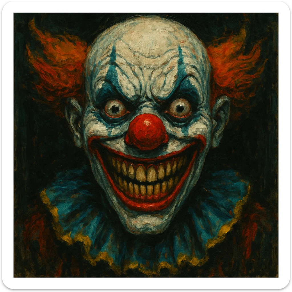 scary happy face, clown-like, exaggerated smile, creepy vibe, bold colors, unsettling and creepy expression sticker