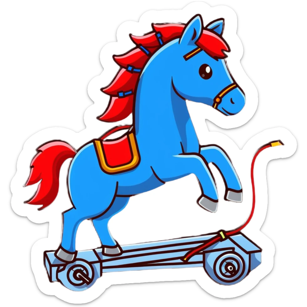 Fast running electric horse made of electricity, metal plates, bolts, visible blue and red wires, with lightning surrounding it sticker