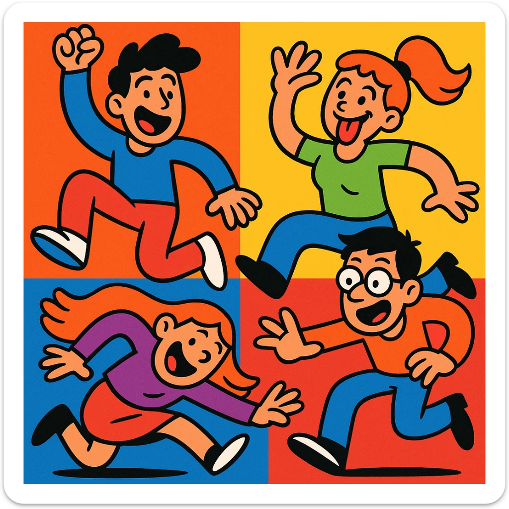 grupo de personas haciendo locuras, estilo cartoon divertido sticker