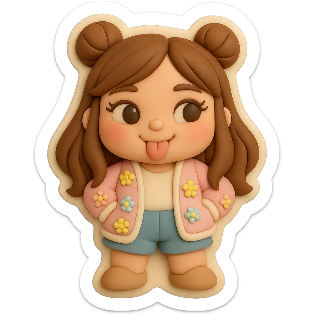 Create a 3D chibi fondant cake art style image of a girl based on the reference image. Preserve the facial features and eye shape exactly as in the reference. She has long brown hair styled in two space buns, brown eyes, and shoes. The girl is playfully sticking out her tongue with a kind, happy tease expression. She holds nothing in her hands. Include a thick white outline like a sticker and ensure the background is transparent. sticker