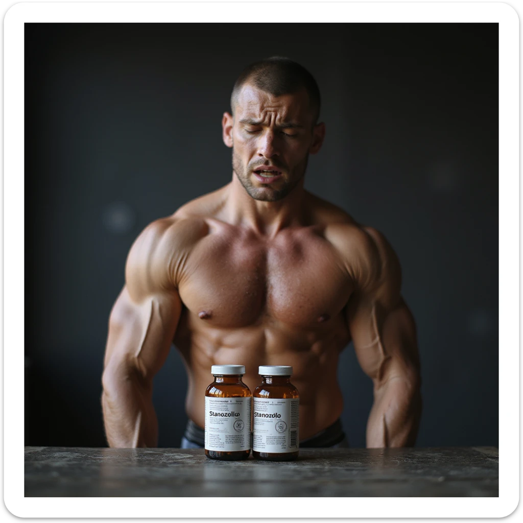 realistic photo of a crossfit athlete with a painful expression, showing joint problems all over the body, rigid posture, prominent muscles, next to him vials labeled 'Stanozololo', natural light, gym background sticker