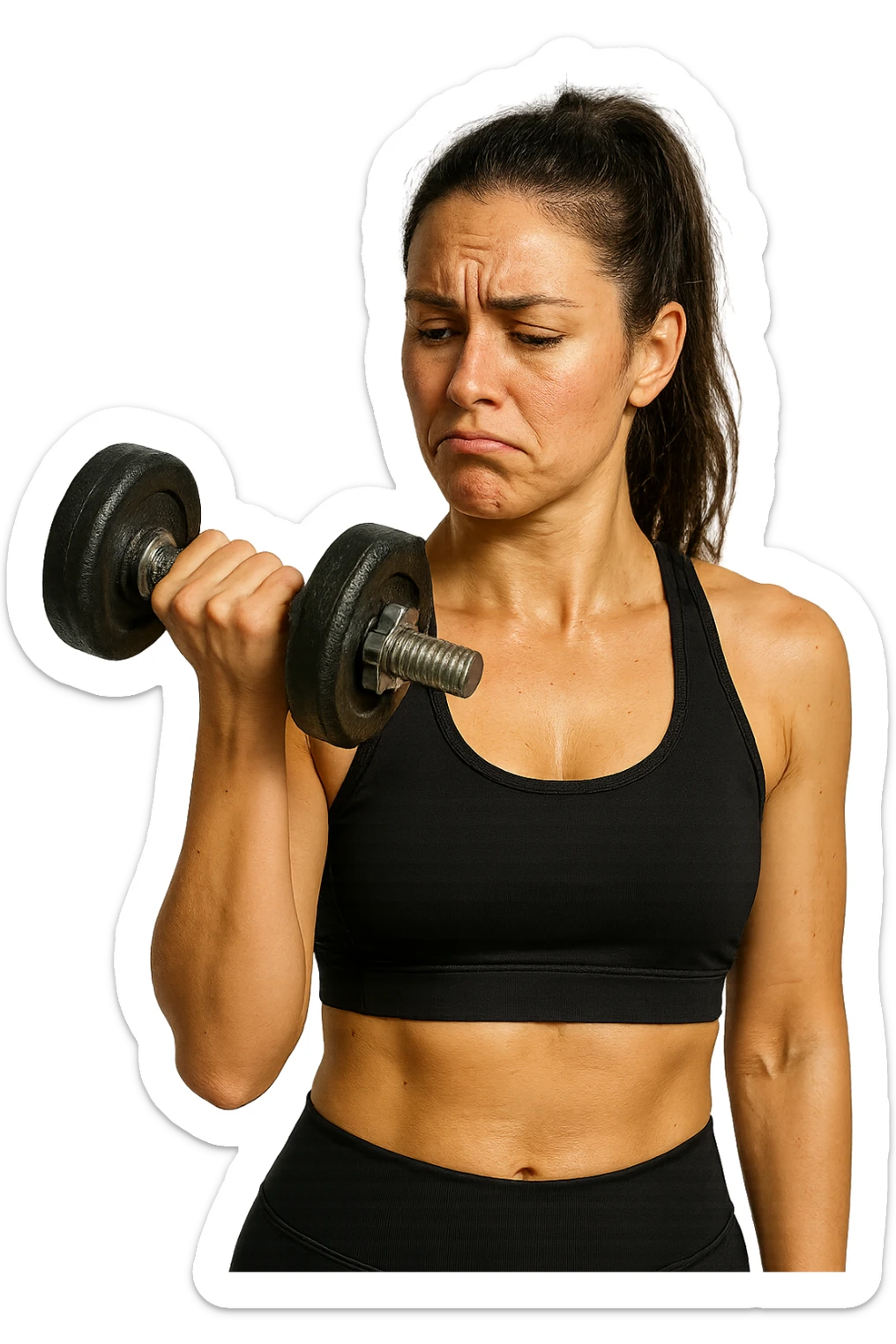 DONNA FITNESS CHE GUARDA DUBBIOSA UN MANUBRIO DA PALESTRA CHE HA IN MANO, iperrealistico 4k sticker