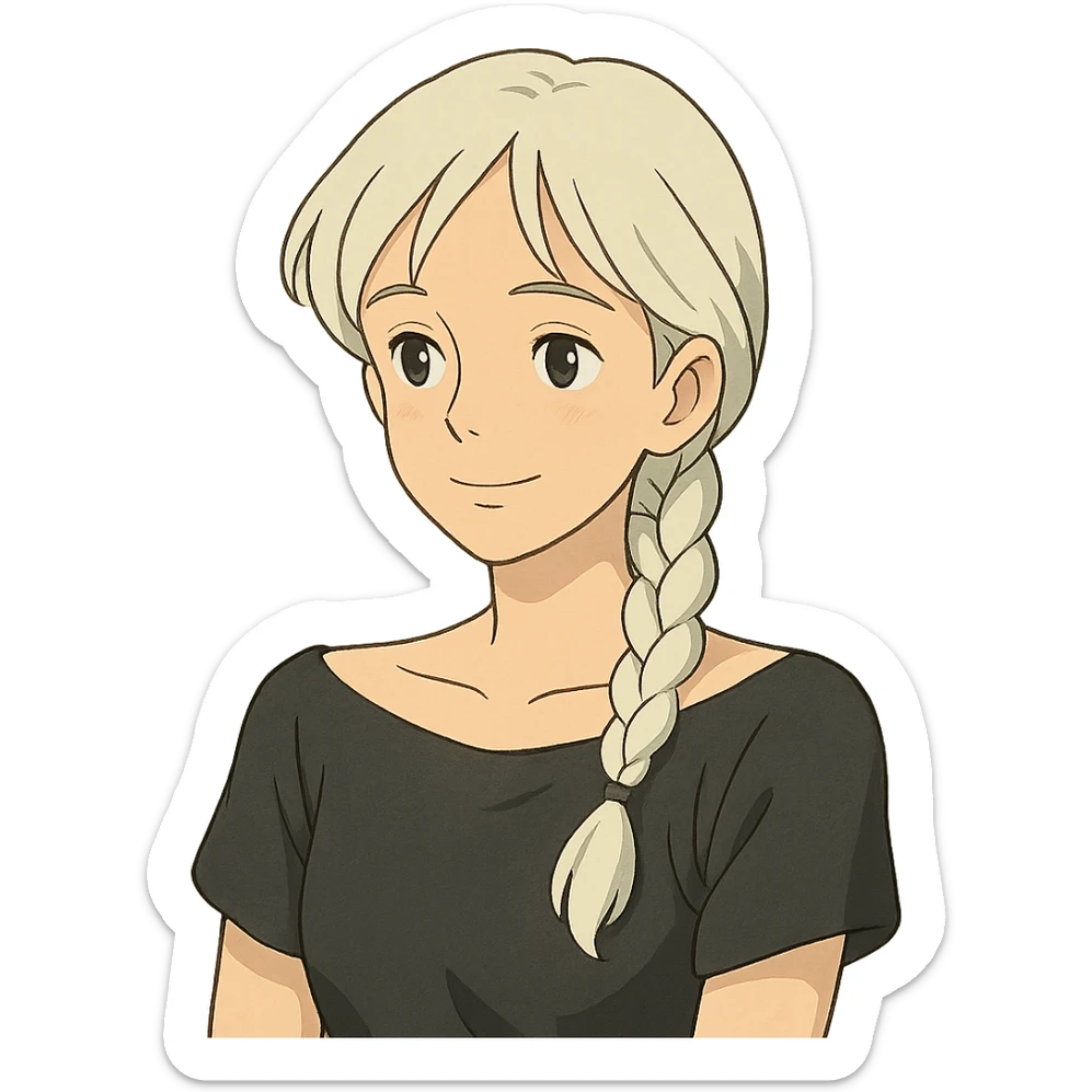 young woman psychologist, white braided hair, black off-shoulder shirt, gentle expression, ghibli style sticker