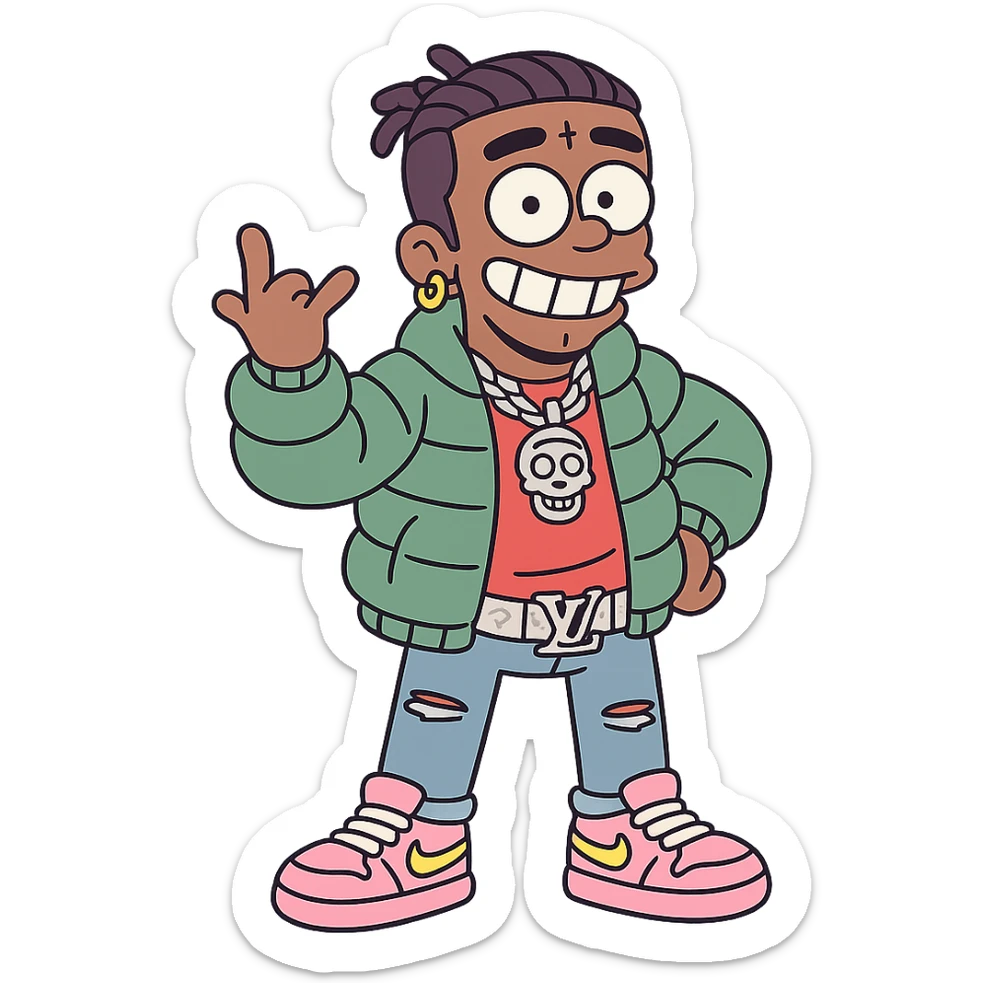 cartoon style Lil Uzi Vert wearing flashy streetwear, confident pose, bright background sticker