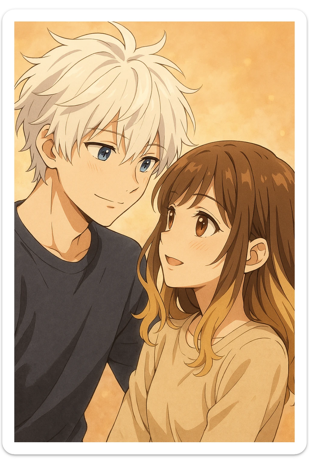 anime style, a boy with messy white hair and blue eyes looking at a girl with brunette and blonde hair and brown eyes, both showing affection sticker