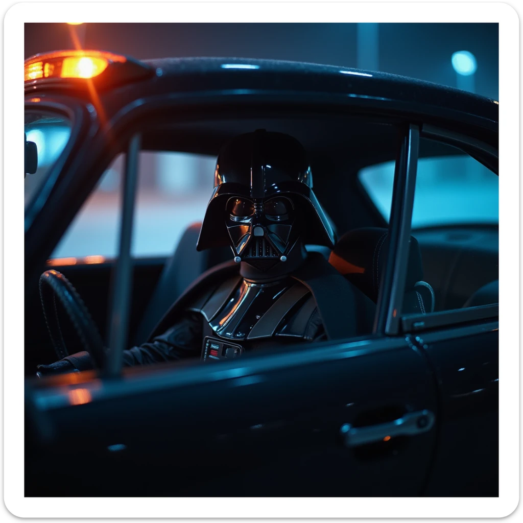 Cinematic shot of a Darth vader sitting in porsche 911, blue and orange lights  sticker