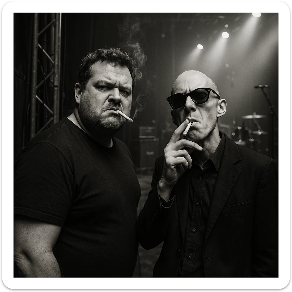 Par de personas que trabajan en la industria musical (hombre robusto de 40 años y otro hombre flaco calvo y con lentes de sol), parados conversando en el backstage de un concierto, con aires de superioridad, mientras se fuman un cigarro, mientras miran a la cámara (músico) de forma despectiva y burlona sticker