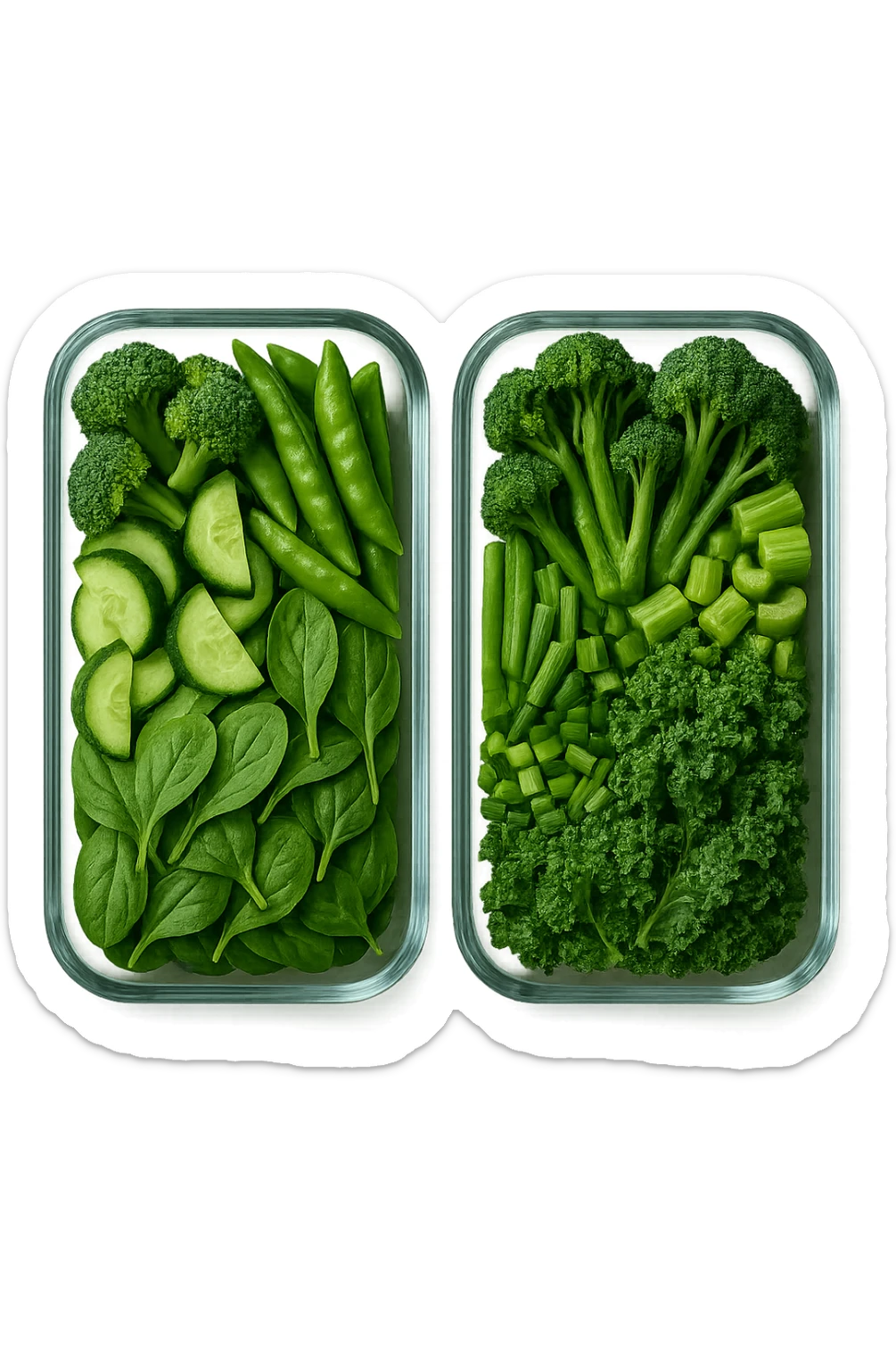 verdure tagliate e sistemate in due schiscette di vetro viste dall'alto, iperrealistico 4k sticker