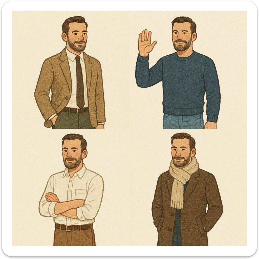 Create images of a man in different outfits and poses in the same style as the reference image. Maintain the style characteristics and details of the original man. sticker
