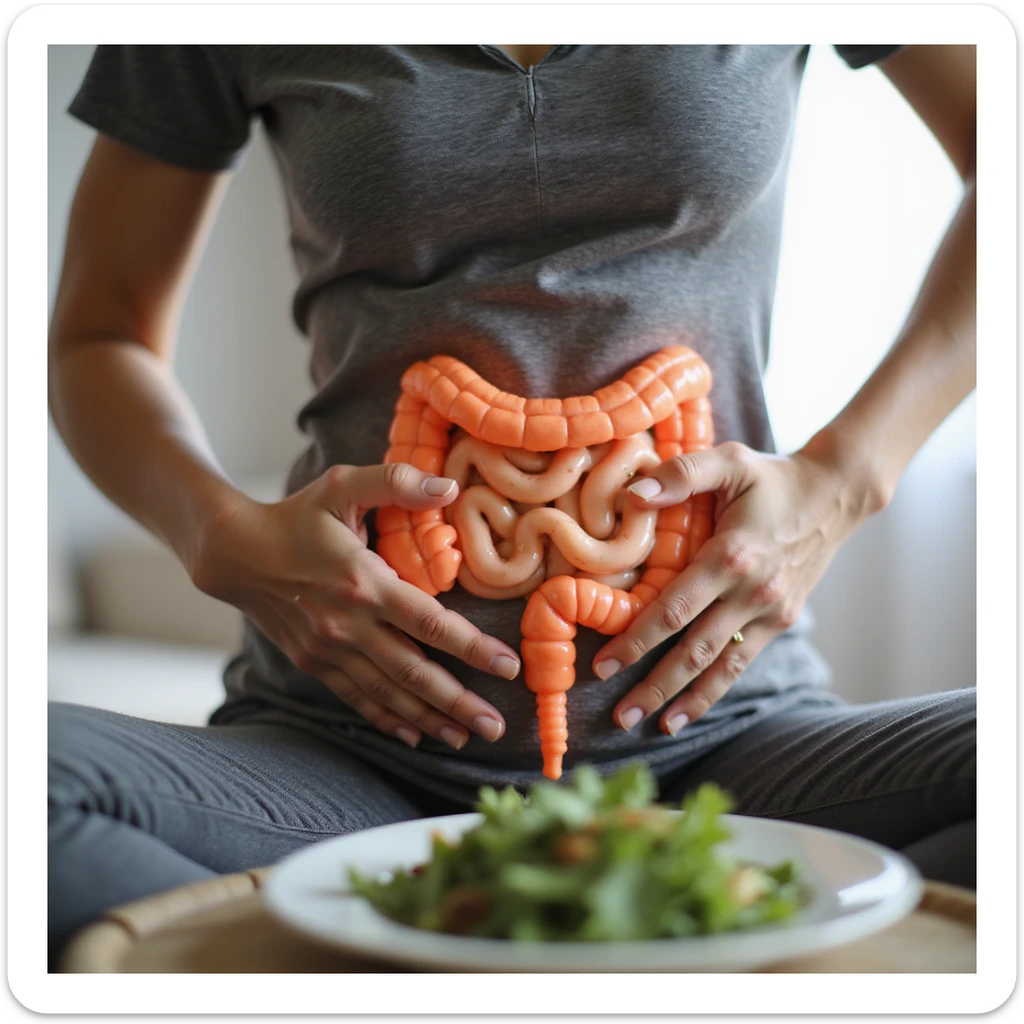 adult woman, photorealistic, on a diet to fix intestine, sitting with curved posture, hands pressing abdomen, intestine highlighted, healthy food plate in front, natural light, home background sticker