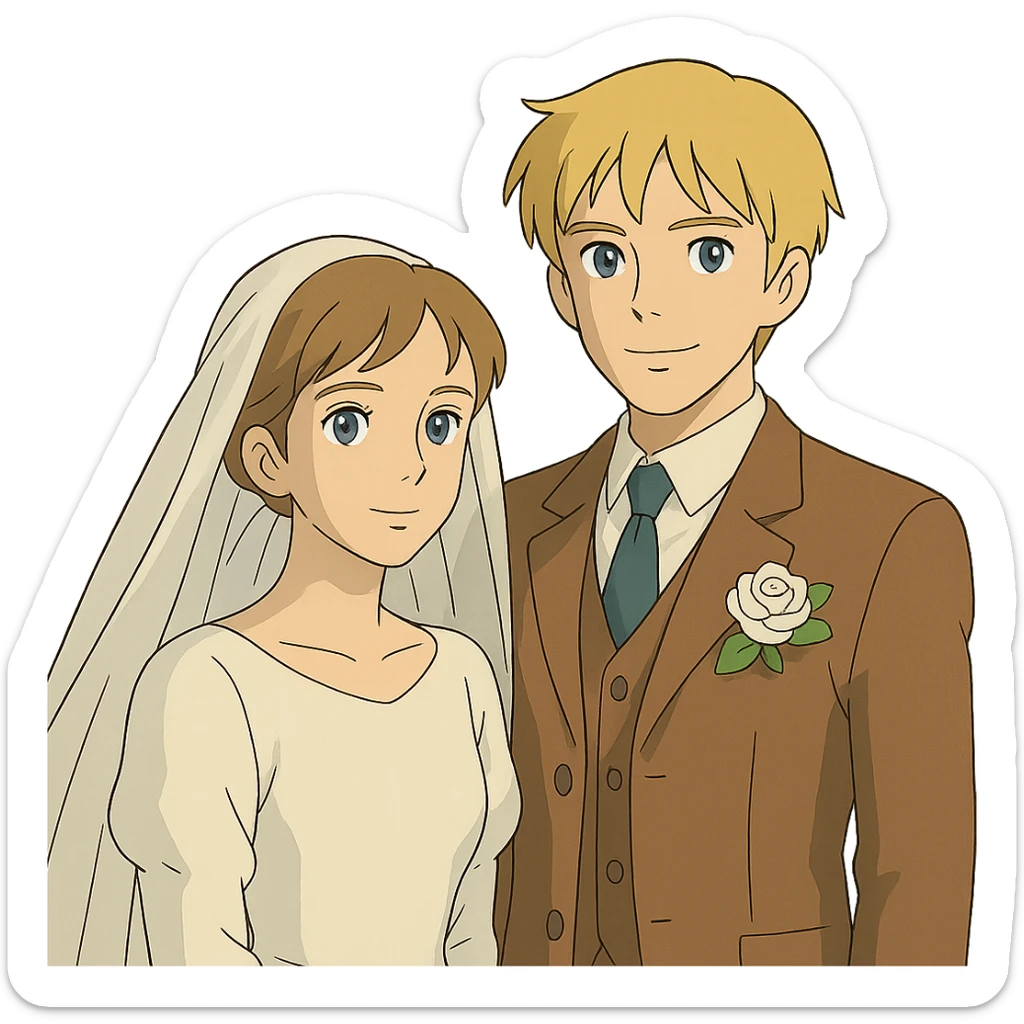 ghibli style portrait of a bride with light brown hair and grey-blue eyes, and a groom with blonde hair, blue eyes, wearing a brown suit sticker