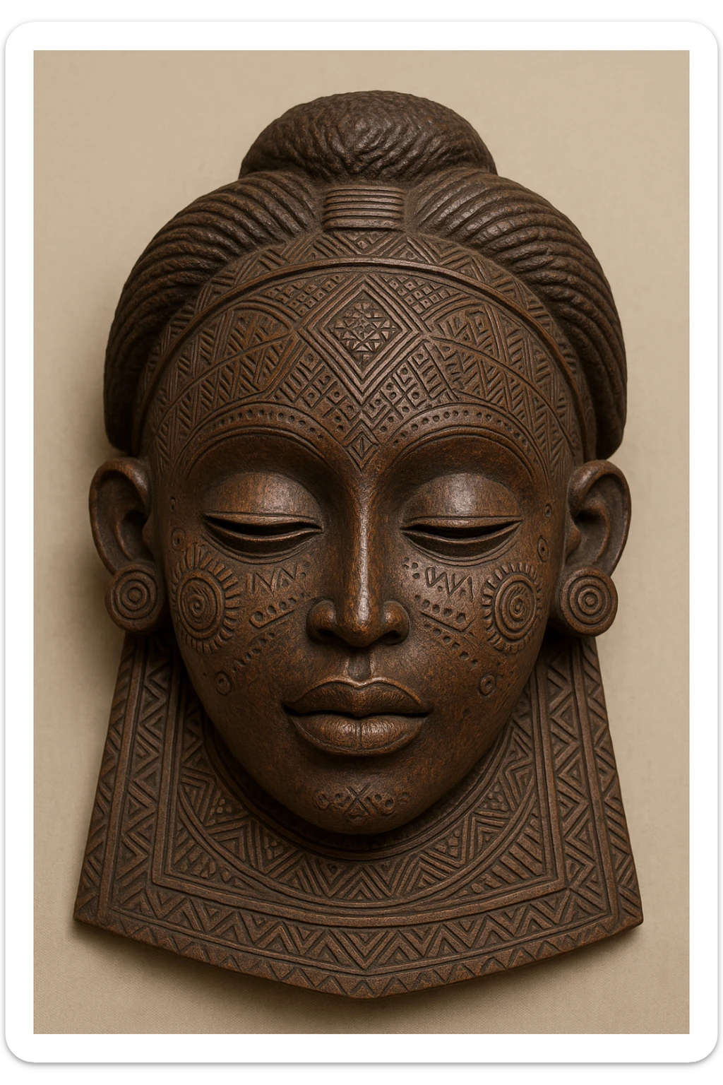 Mwana Pwo mask, traditional Cokwe Angolan mask, intricate carved wood, feminine features, tribal patterns, cultural artifact, neutral background sticker