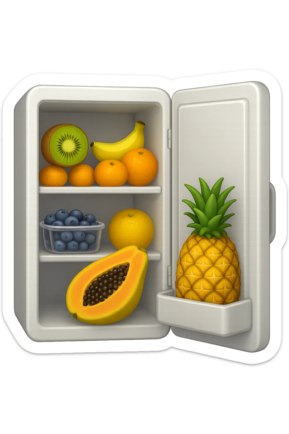 emoji stile iphone di un frigo aperto con dentro ben visibili questi alimenti: Kiwi
Banana acerba
Arance e mandarini
Mirtilli
Ananas
Papaya
IPERREALISTICO 4K sticker