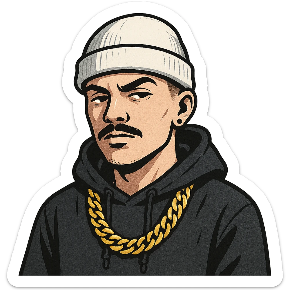 urban gangsta head, white skin, gold necklace, mustache, white beanie, cool vibe sticker