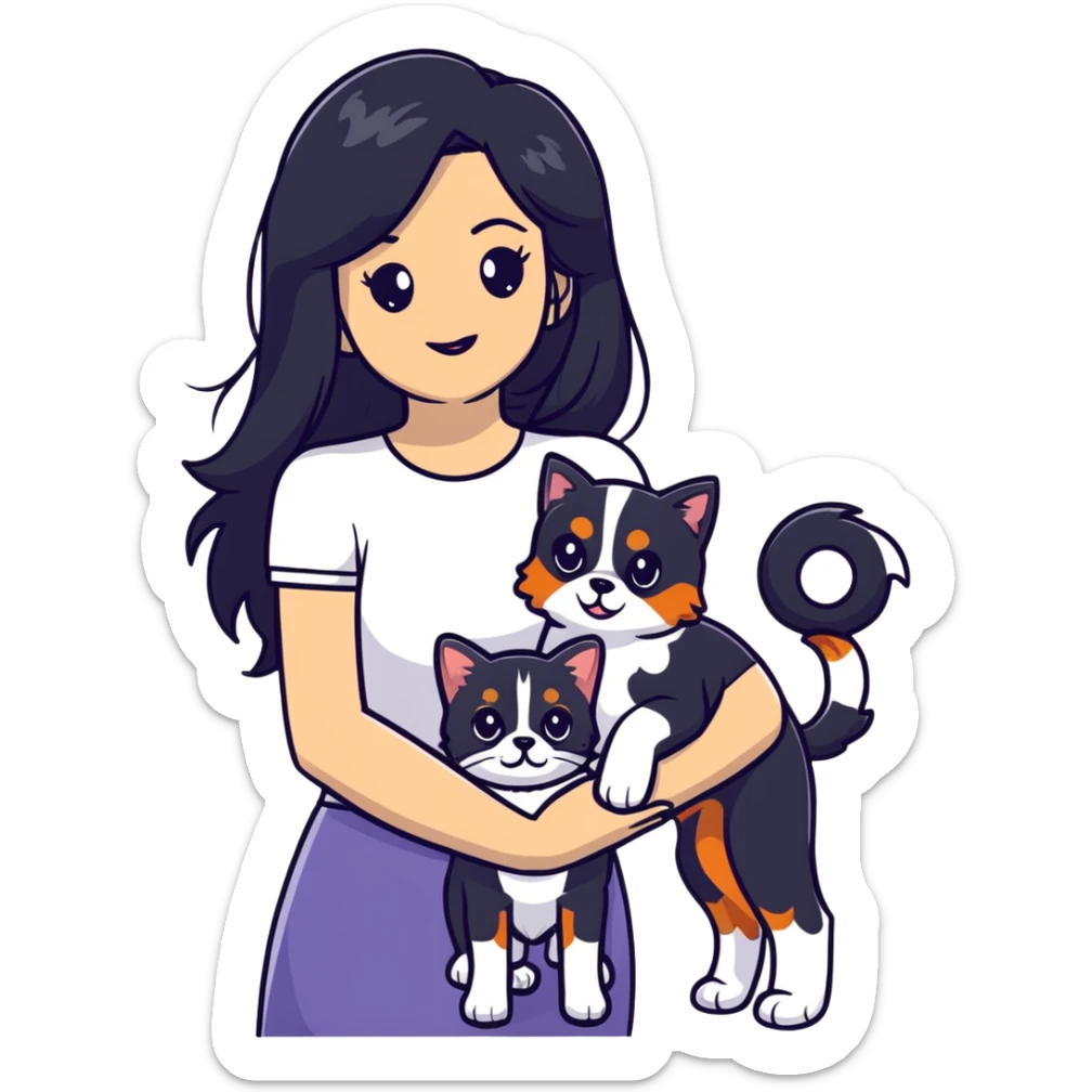 woman with long black hair holding an American Shorthair cat and a Cavalier King Charles Spaniel dog sticker