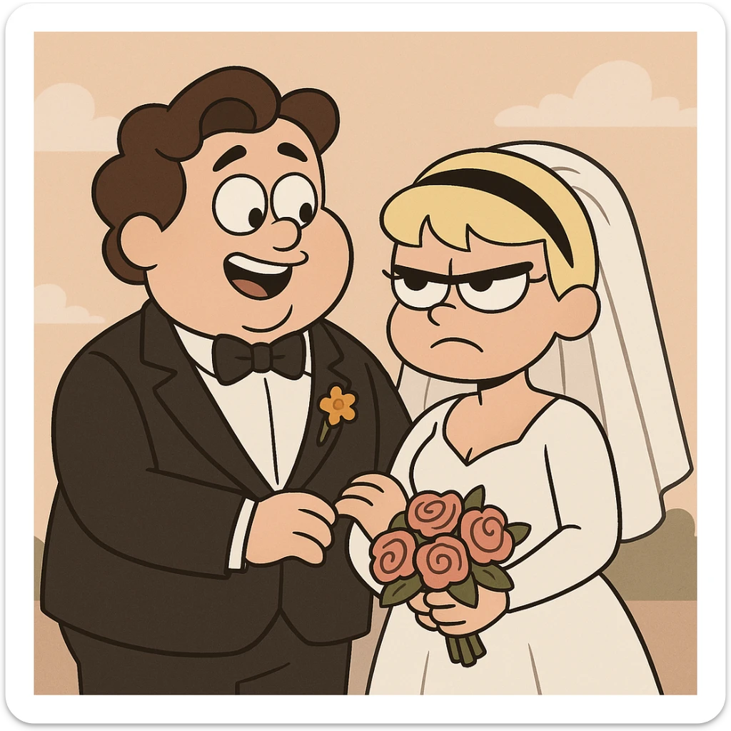 Georgie and Mandy inspired by the reference photo, in wedding outfits, cartoon style, wedding scene, flat toon style sticker