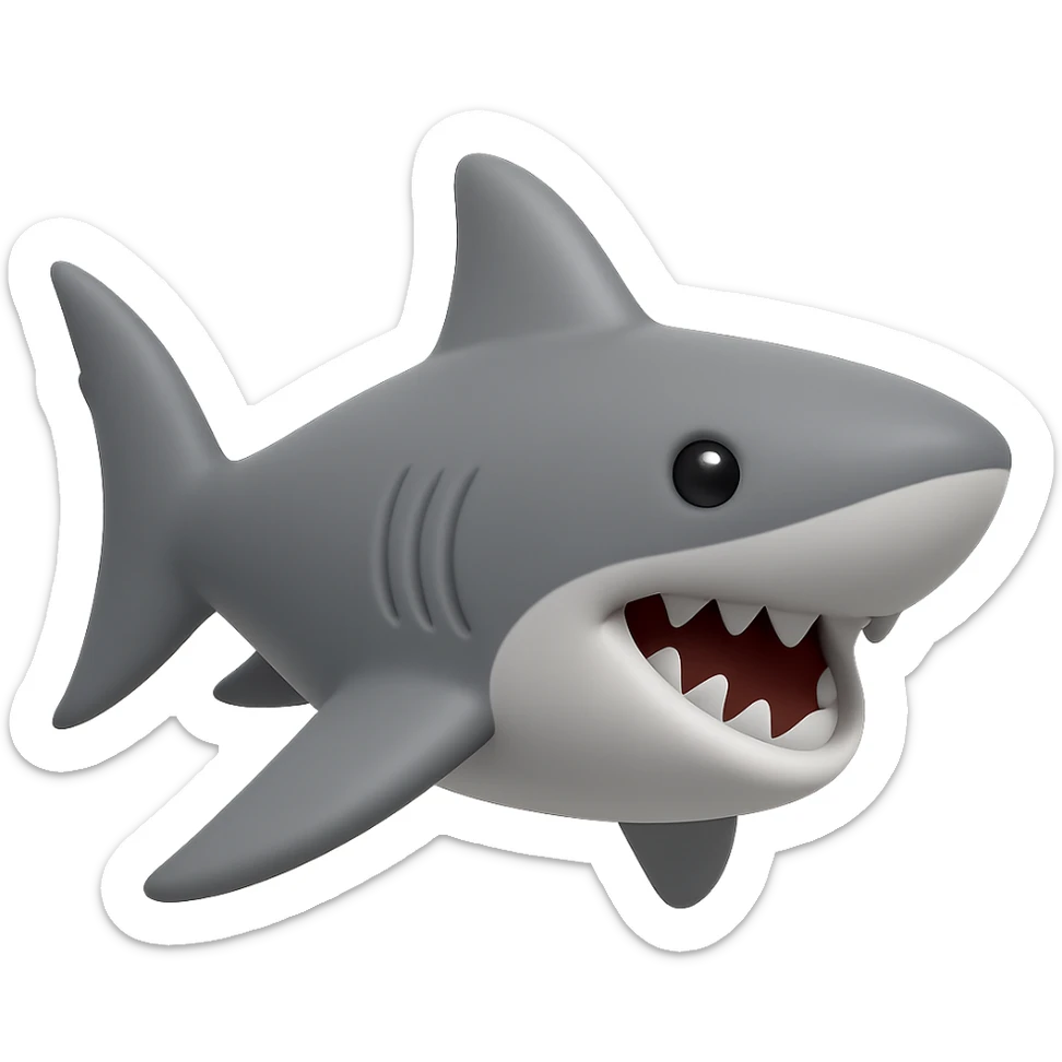 Edit the shark emoji to have a smooth, cartoonish, 3D emoji look in gray color, no legs, no sneakers, no background, just the shark with mouth open, inspired by the provided reference image. sticker