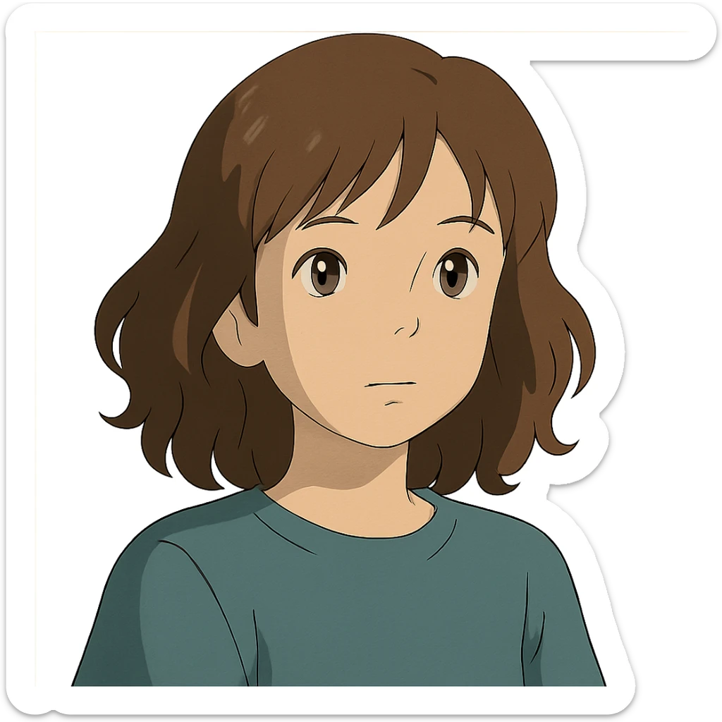 portrait of an Asian girl with medium brown wavy hair and brown eyes, paler skin tone, ghibli style sticker