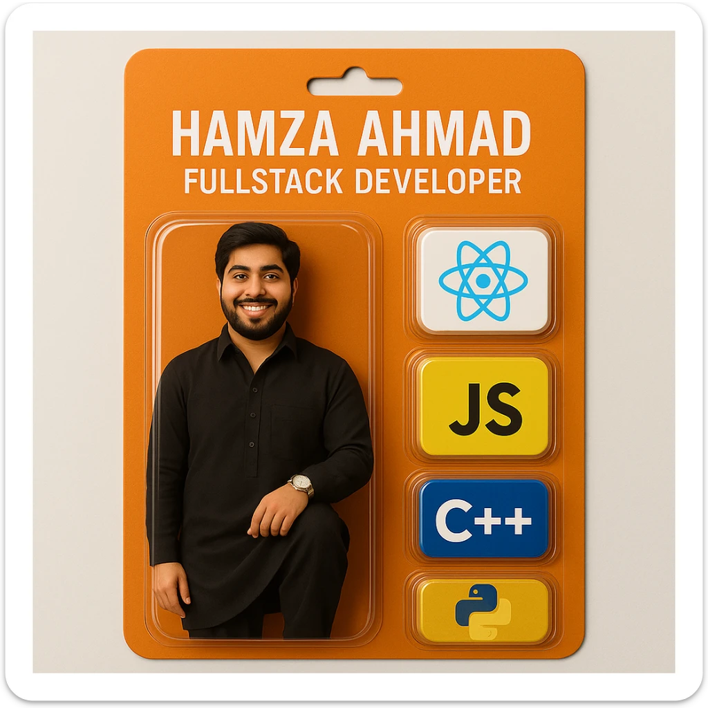 Create a realistic action figure toy of the person in the photo, packaged in a strong orange card blister pack. The figure is inside its own blister. Next to the figure, include four separate blisters, each containing one of the following: React logo, JS logo, C++ logo, and Python logo. Do not repeat any equipment. On top of the box, write 'Hamza Ahmad' and underneath it, 'FullStack Developer'. The figure and all equipment must be inside blisters. Visualize this in a realistic way, matching the style and layout of the provided reference images. sticker