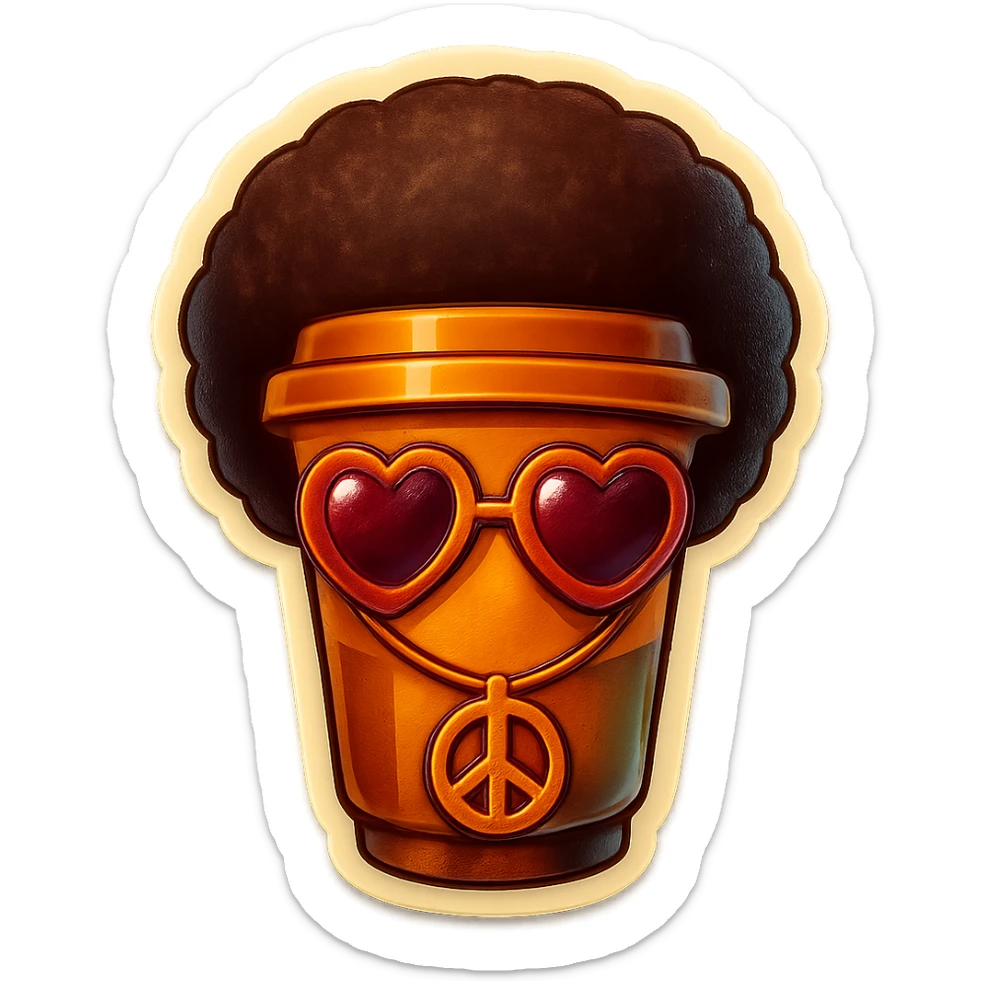 Tall coffee cup, no mouth, afro, heart glasses, peace sign necklace sticker