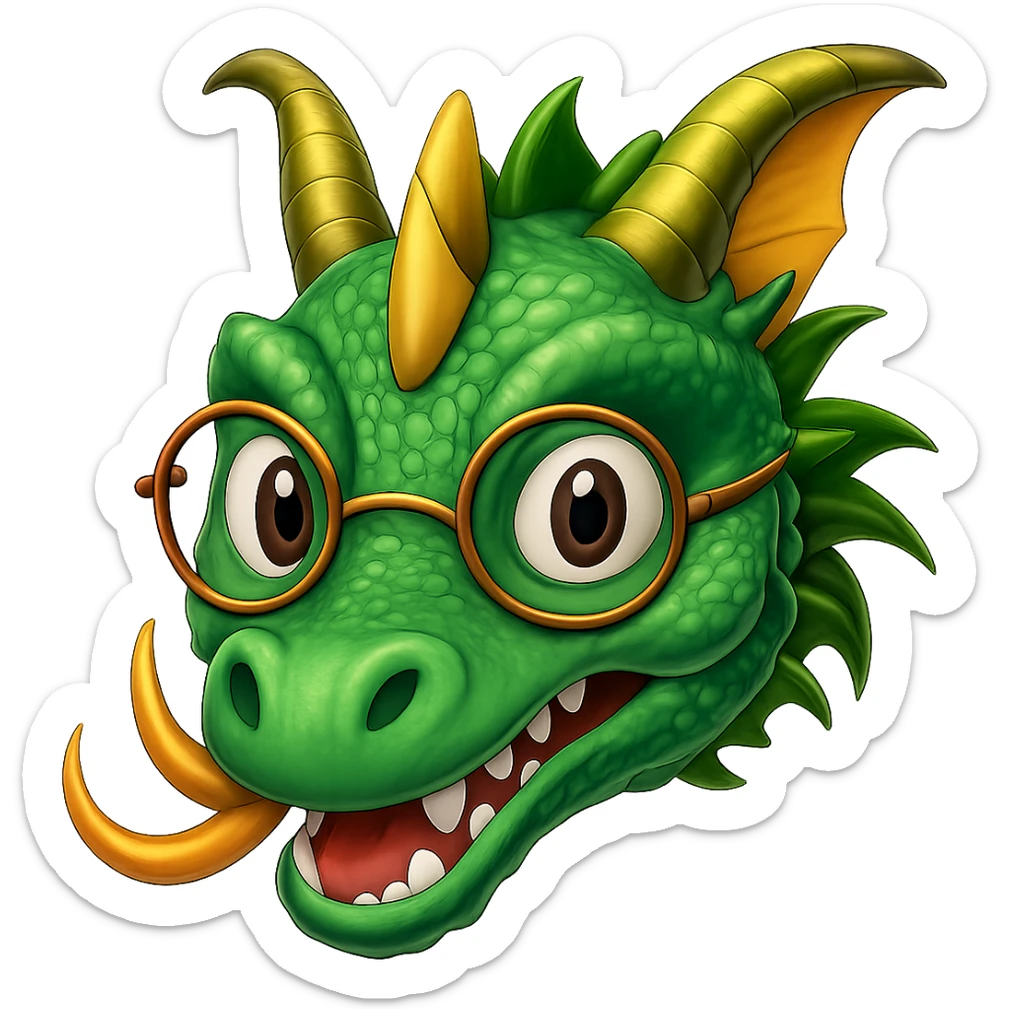 Add small round glasses to the old dragon for a wise look in emoji style with no background. sticker