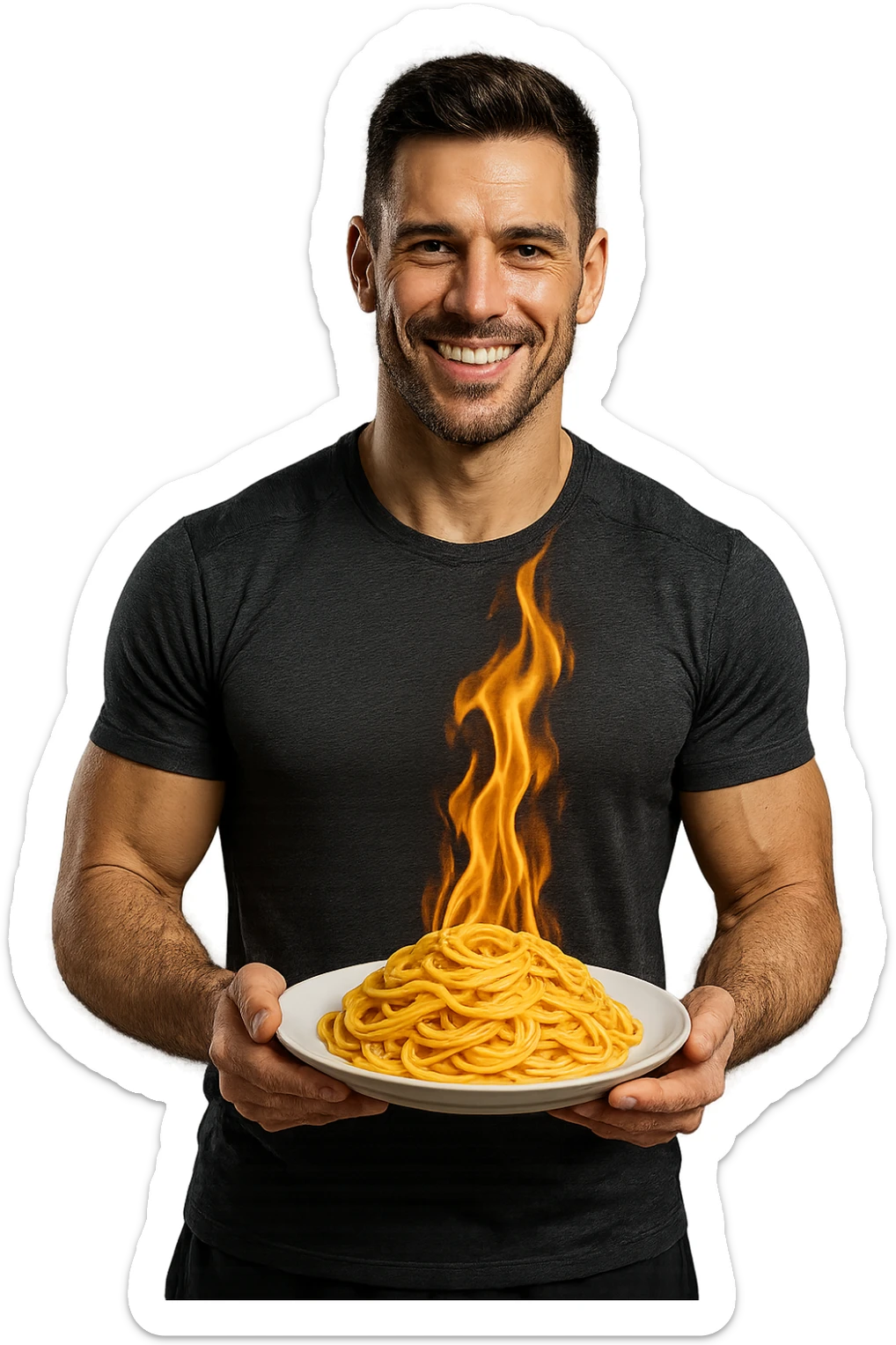 uomo fitness che tiene in mano un piatto di pasta con una fiamma sopra come se stesse simbolicamente bruciando le kcal della pasta, iperrealistico 4k sticker