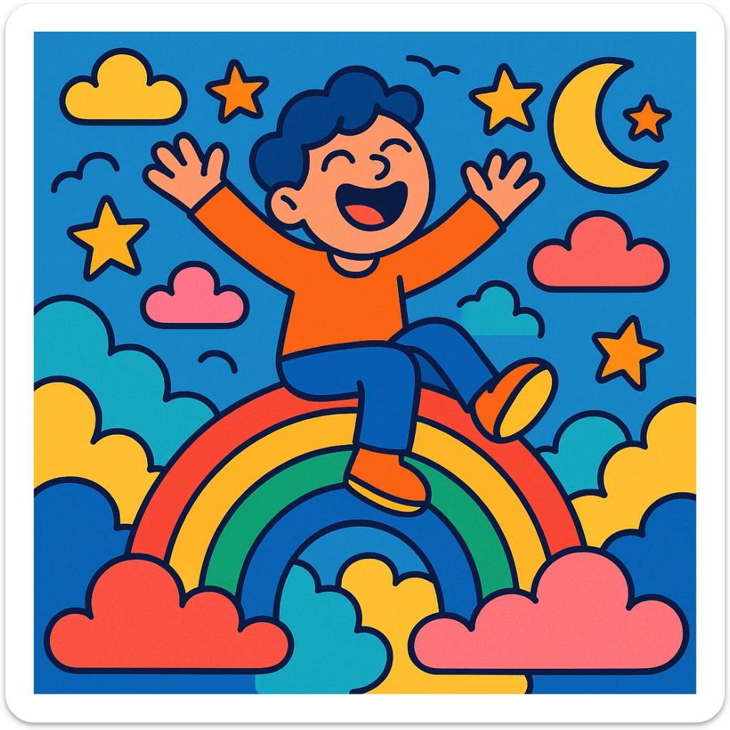 dream life as a colorful, whimsical scene with clouds, stars, and a happy character, in vibrant toon style sticker