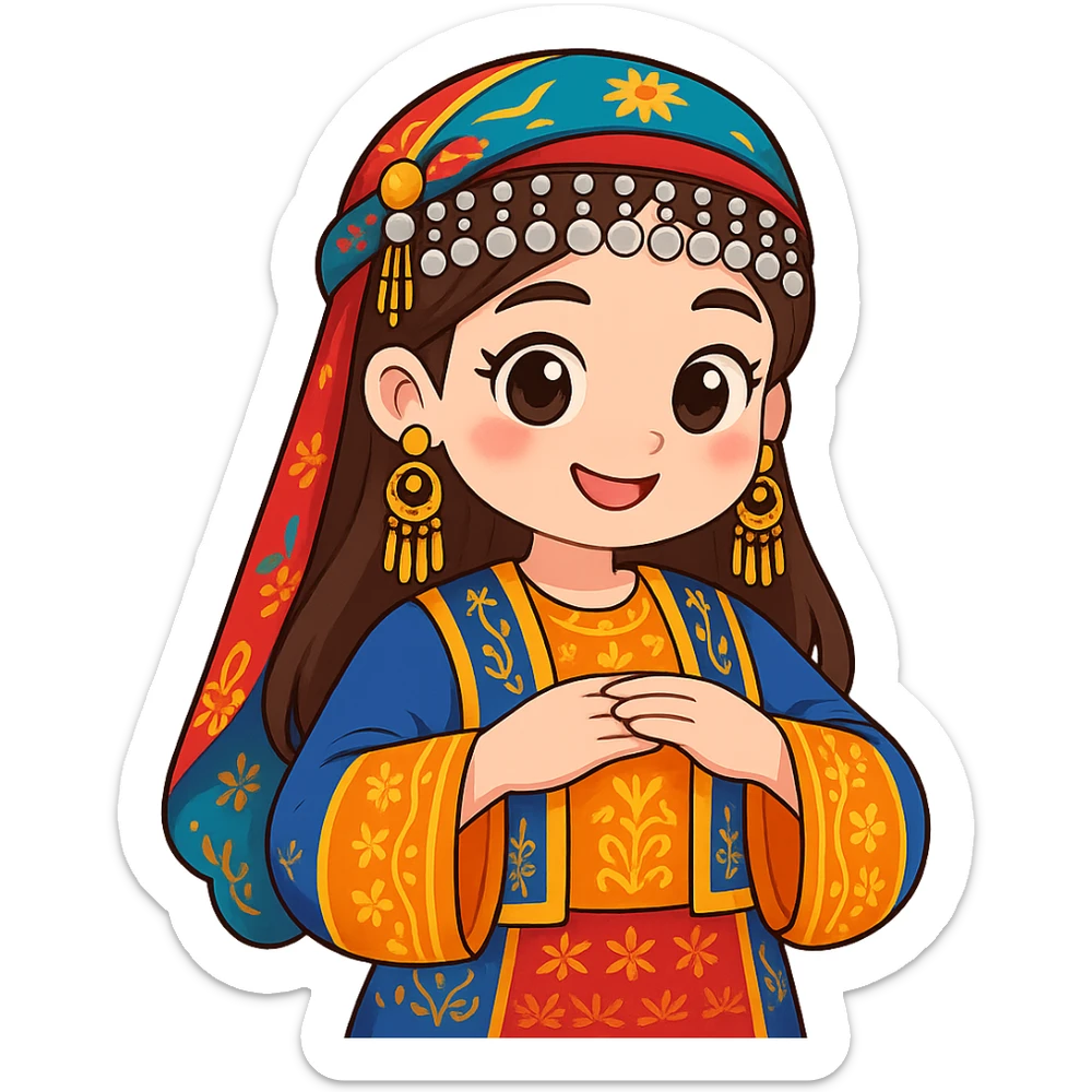 Convert the photo to a Kurdish cartoon sticker style with clear lines and bright colors. Keep the traditional Kurdish dress details intact. No text. Transparent background. sticker