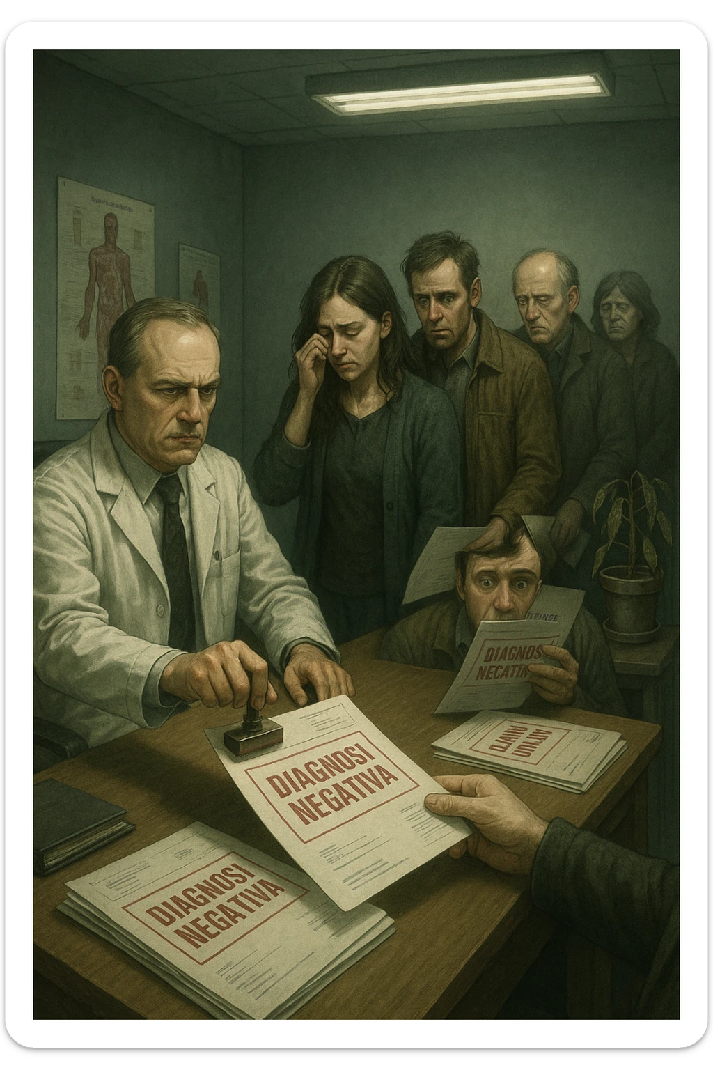 A realistic, cinematic illustration set in a dull, grey-toned medical office. A middle-aged male doctor in a white coat with a stern, cold expression is seated at his desk, handing out medical reports with large red ‘Negative Diagnosis’ stamps to each patient in line. The patients, of various ages and appearances, stand in a line, each looking increasingly sad, defeated, and demoralized as they receive their papers, with slumped shoulders and empty gazes. One young woman wipes away a tear, while a man stares at the paper in shock. The background shows medical posters, a faded plant, and harsh fluorescent lighting, emphasizing the cold, mechanical environment. The mood is heavy, illustrating how negative diagnoses delivered without empatia can deeply affect the mental health and morale of patients. The style is realistic, with subtle filmic grain, emphasizing emotional impact and the weight of medical words on people’s lives. in italiano sticker