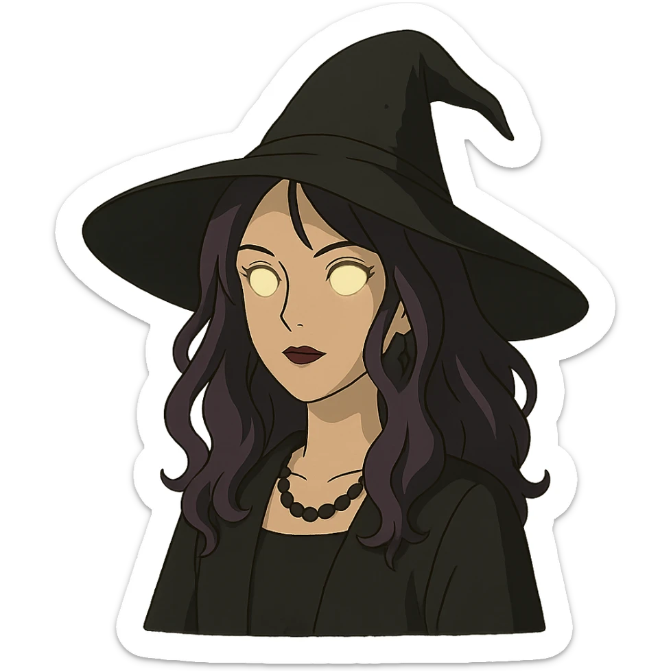 gothic woman with purple hair, witchy touch, wearing a witch hat and glowing eyes, ghibli style sticker