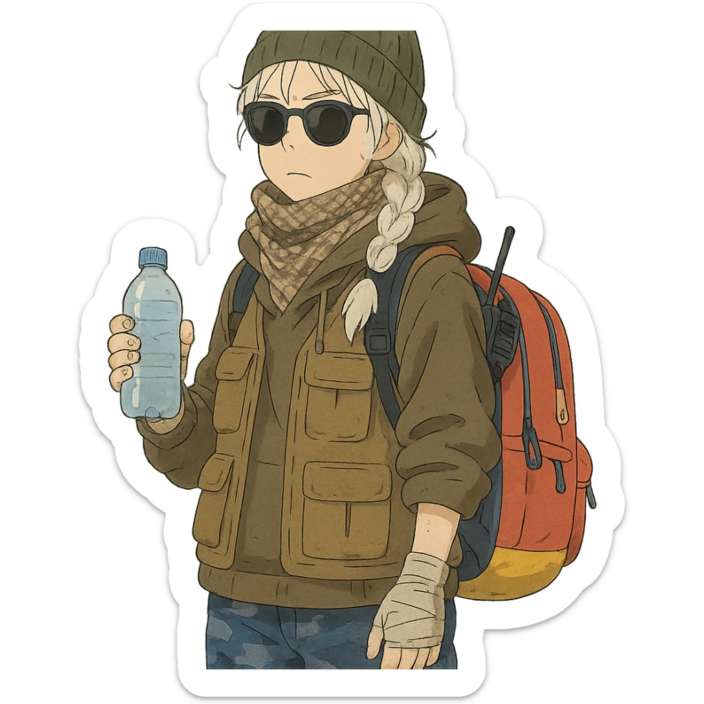 1 female, long white braid, knit cap, dark sunglasses, shemegh neckwrap, fishing vest, vibrant shool backpack, drab hoodie, handwraps, blue camo pants, handheld radio clipped to shoulderstrap of backpack, unkempt, holding a bottle of water sticker