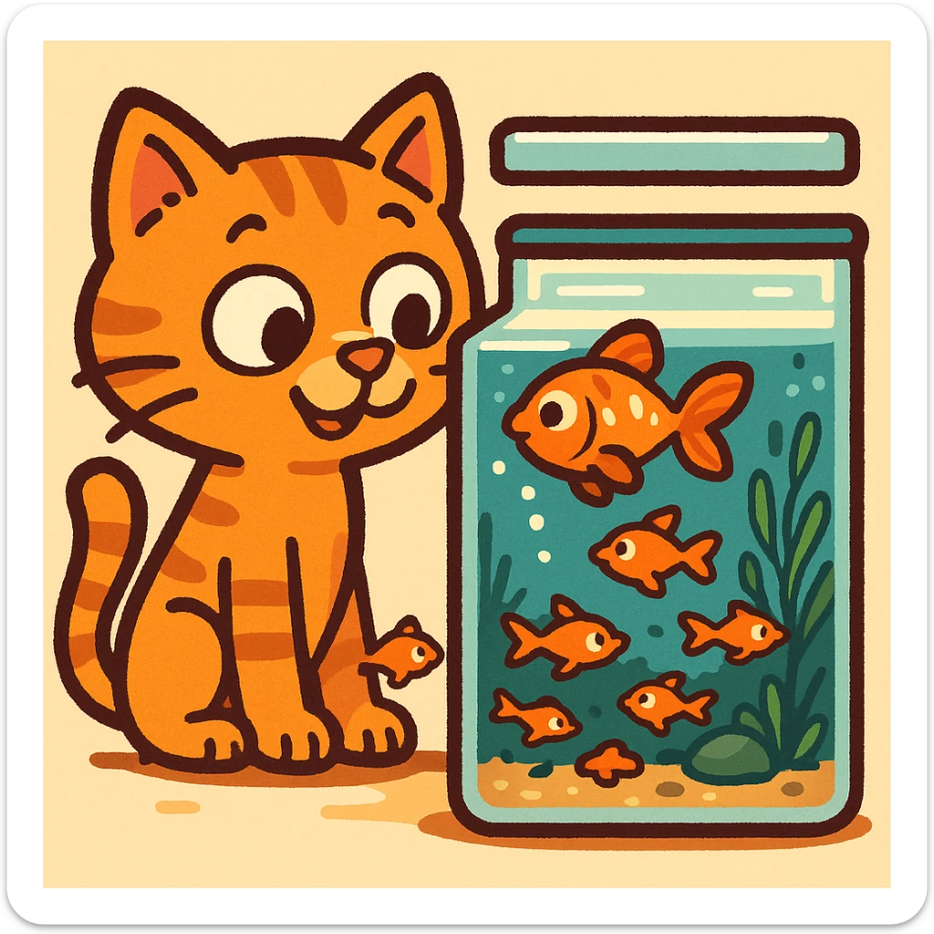 A red-haired cat and a goldfish aquarium in pixel art style, more cartoonish sticker