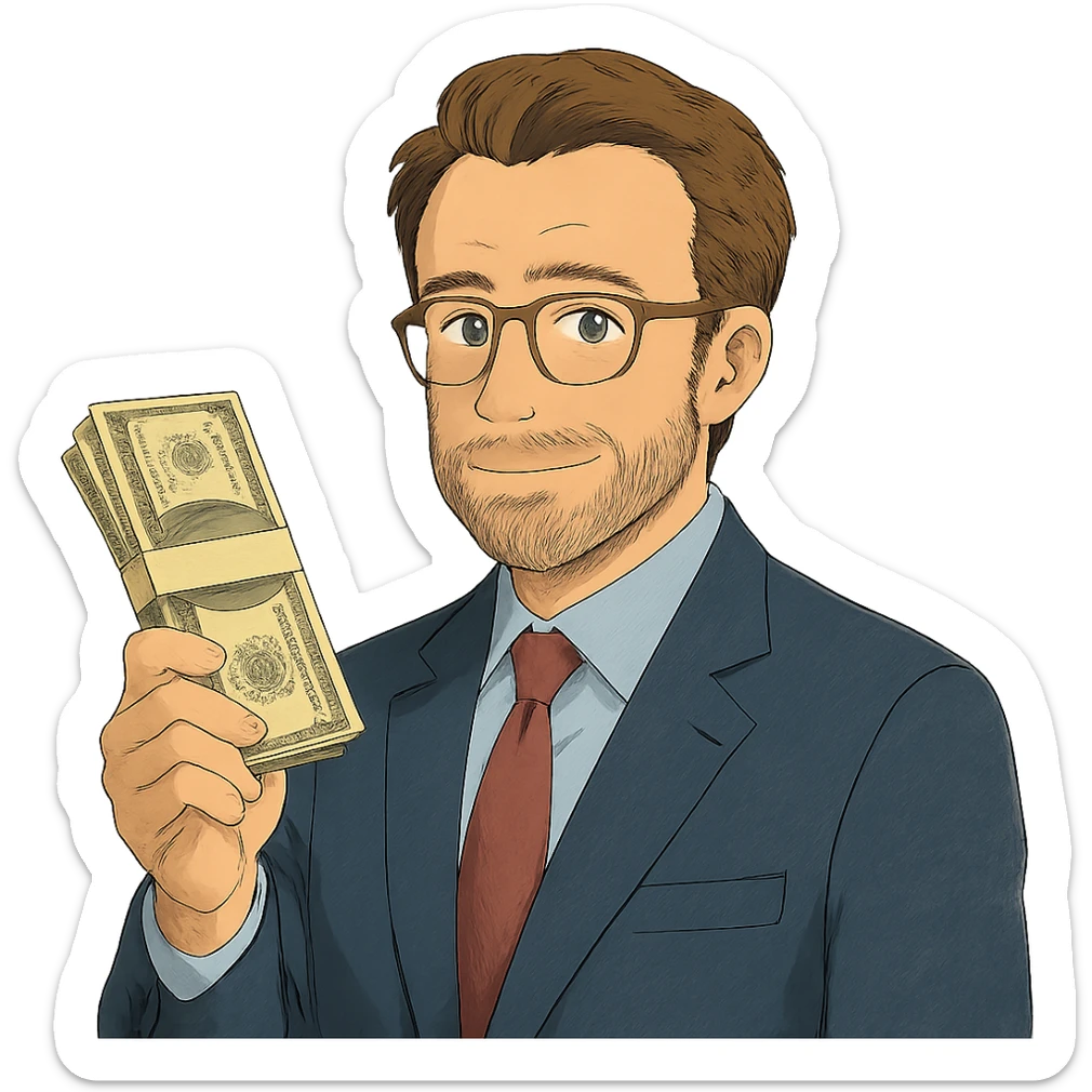 ghibli style Nikolai Astrup, Norwegian politician, holding a pack of money in his hand sticker