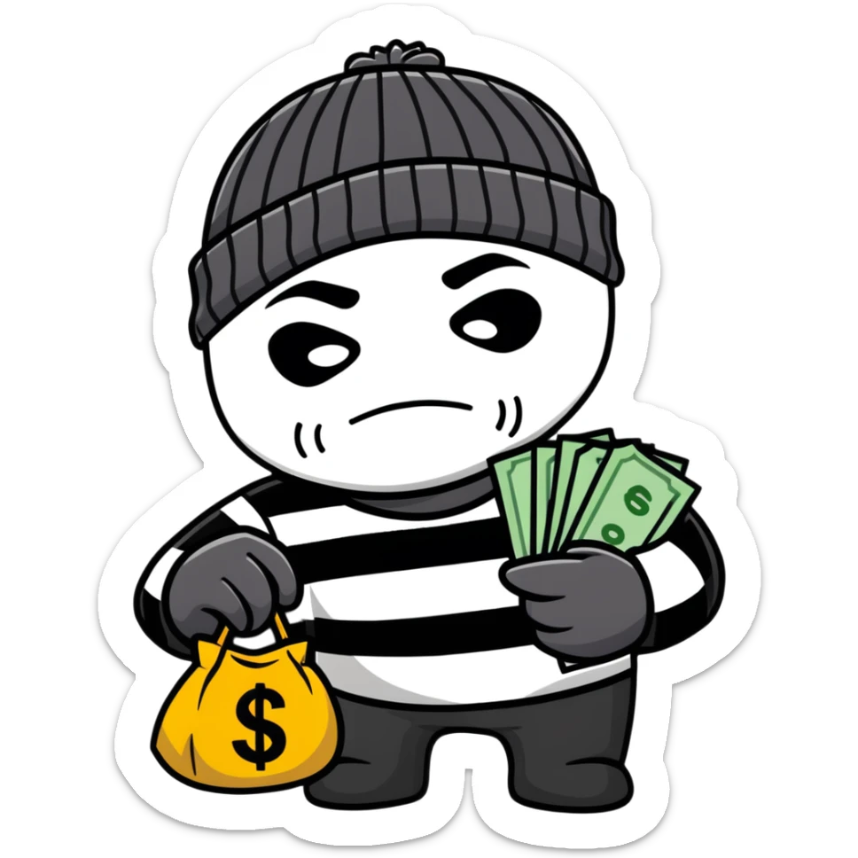 burglar wearing black and white striped shirt, black beanie, black mask over eyes, holding a moneybag sticker