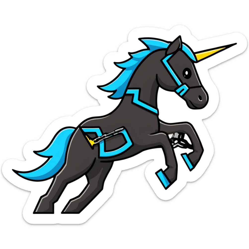 Dynamic electric horse made of metal plates and wires with lightning bolts emanating from its body as it races forward sticker