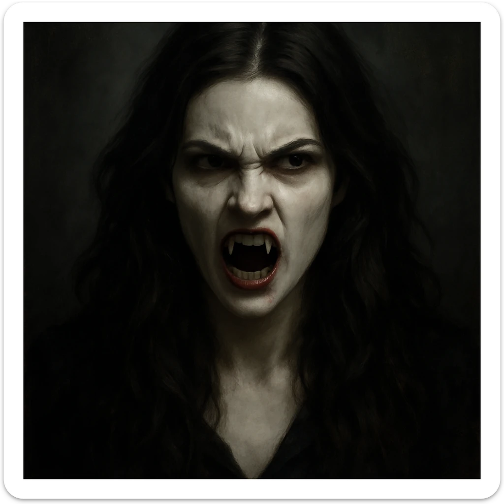 vampire woman, pale white skin, brunette, long hair, angry face, fangs out, dramatic moody style sticker
