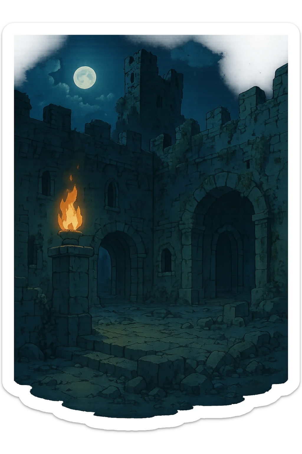 Midnight castle ruins torchlit courtyard sticker