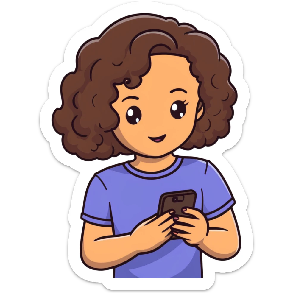 brunette girl with curly medium length hair, brown eyes, slightly tan skin, holding a phone sticker