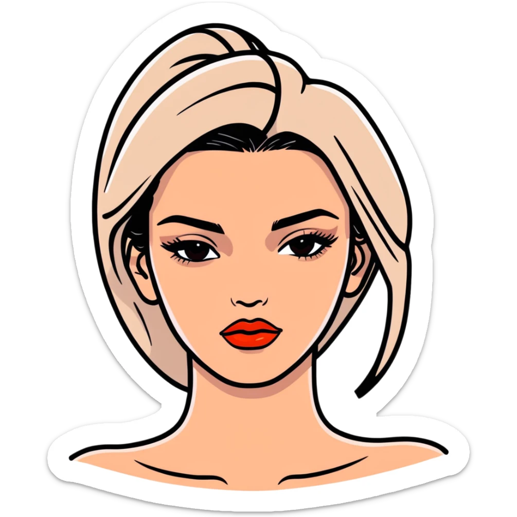 Kendall Jenner, fashion icon, elongated face, plump lips with glossy lipgloss shine sticker