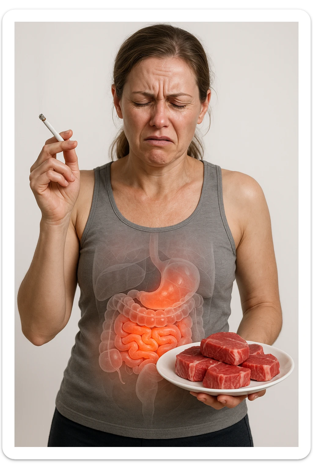 UNA DONNA REALISTICA CON UNA SIGARETTA IN MANO E UN PIATTO PIENO DI CARNE SIMMENTAL NELL'ALTRA MANO, INTESTINO ANATOMICO INFIAMMATO VISIBILE, MAL DI PANCIA, ISOLATA SU SFONDO BIANCO, IPERREALISTICA 4K sticker