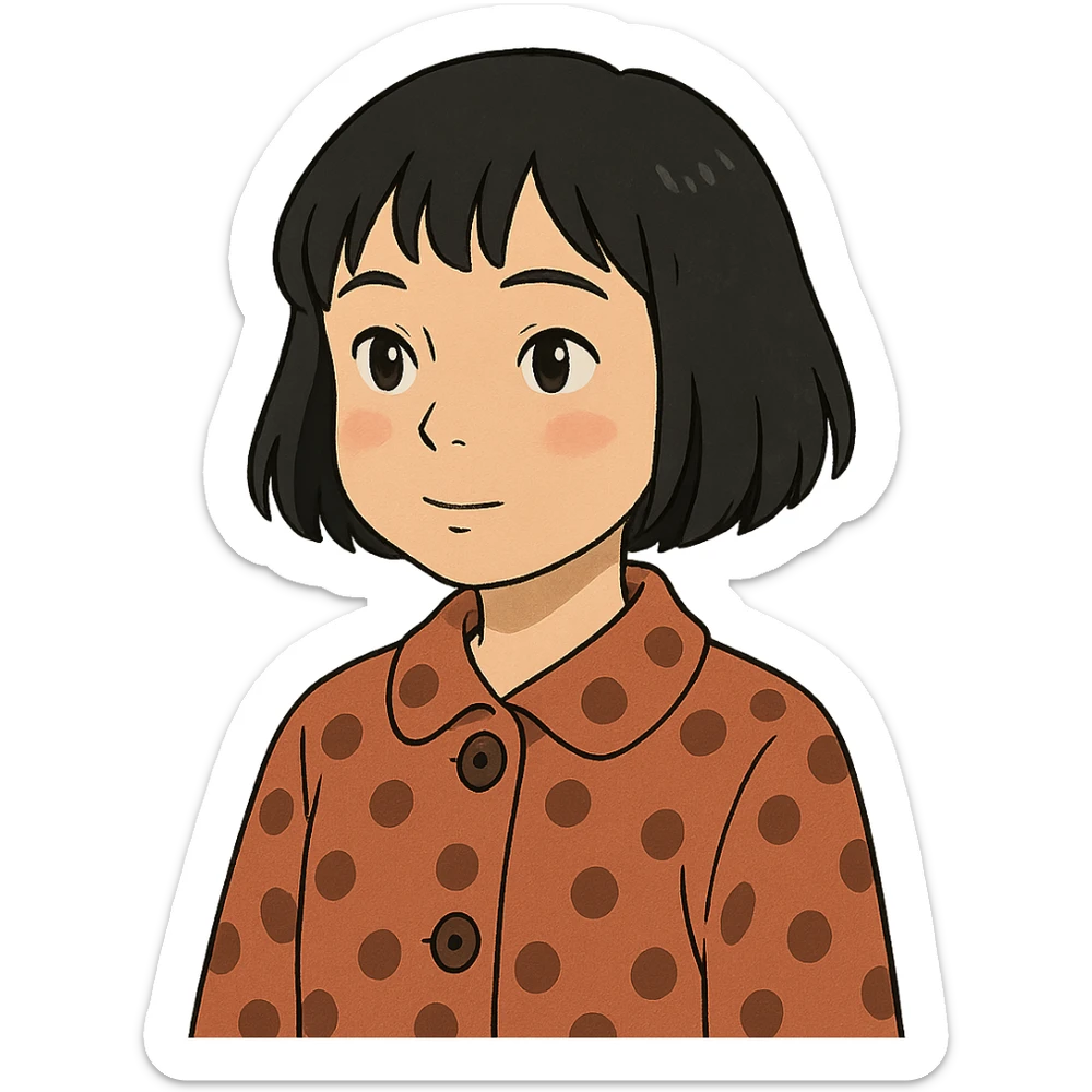ghibli style girl with black bob-cut hair, dotted coat, Chinese appearance sticker