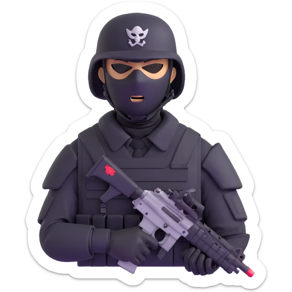 armed figure in all-black military clothing, shiesty mask, and helmet sticker