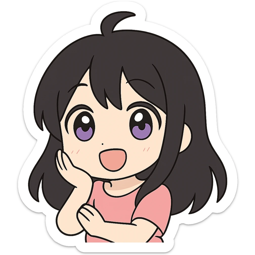 Change hair color to black, keep anime girl with purple eyes, expressive faces, cute, vibrant colors, no background. sticker