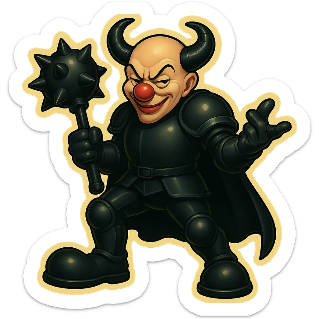 An evil armored clown with no hair, ram horns pointing up, masculine and powerful build, glossy black on matte black armor, short cape, large black clown shoes, standing with one foot forward, one arm down holding an oversized spiked mace, the other hand gesturing as if explaining something, eyes half-closed, sinister grin, vibrant retro stickers style, no yellow aged tint, full body, transparent background. sticker